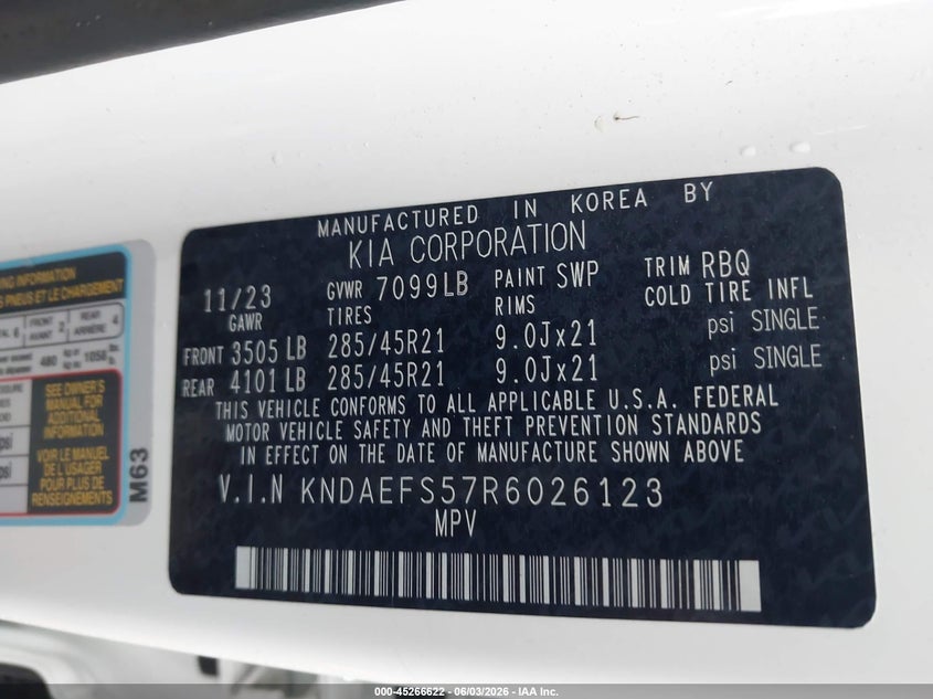 2024 Kia Ev9 VIN KNDAEFS57R6026123 IAAI salvage auction — RIGHT FRONT, Salvage Title, sold $19,300 on 2026-07-30 (photo 9)