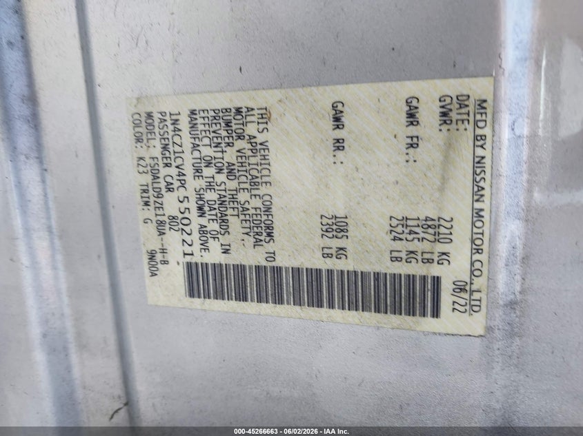 2023 Nissan Leaf VIN 1N4CZ1CV4PC550221 IAAI salvage auction — FRONT END, Salvage Title, sold $5,300 on 2026-07-11 (photo 9)
