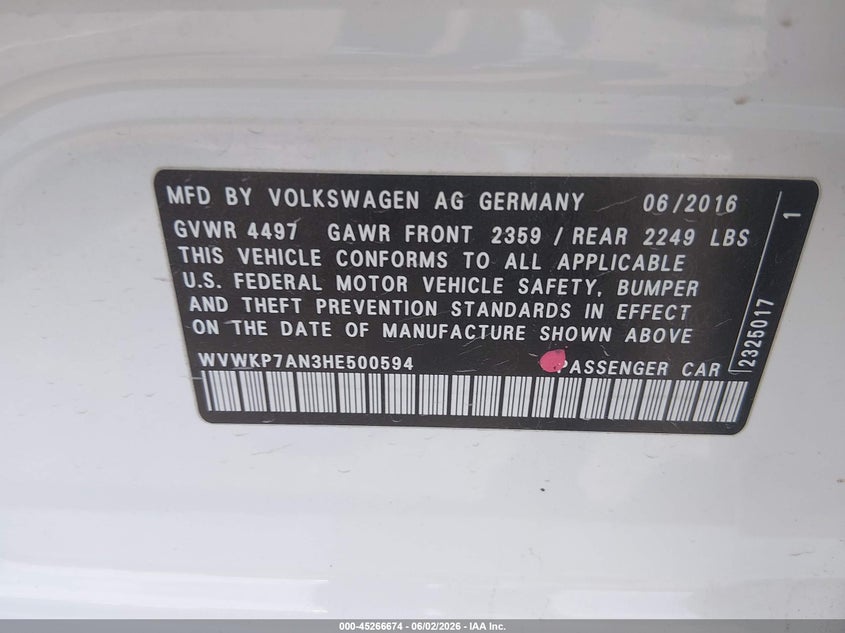 2017 Volkswagen Passat cc VIN WVWKP7AN3HE500594 IAAI salvage auction — REAR END, Salvage Title, sold $25 on 2026-07-24 (photo 9)