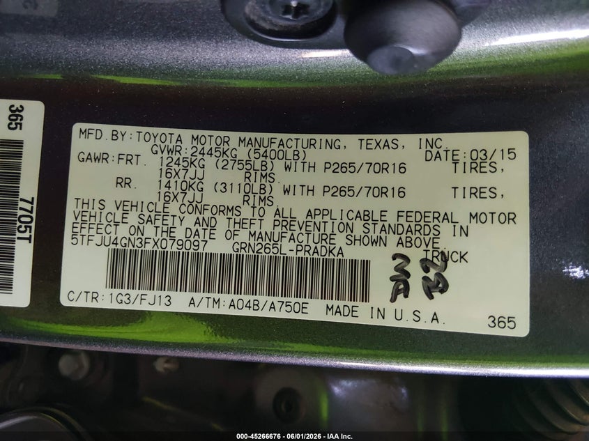 2015 Toyota Tacoma VIN 5TFJU4GN3FX079097 IAAI salvage auction — REAR END, Salvage Title, sold $8,400 on 2026-07-21 (photo 9)