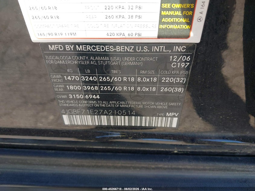 2007 Mercedes-benz Gl-class VIN 4JGBF71E27A210514 IAAI salvage auction — LEFT FRONT, Salvage (Oregon), sold $425 on 2026-07-09 (photo 9)