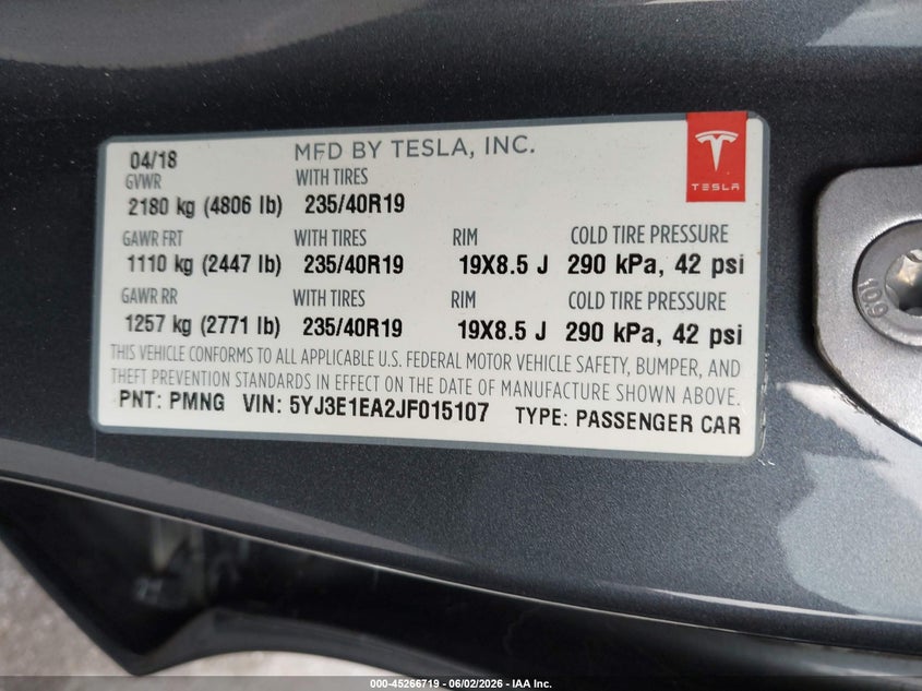 2018 Tesla Model 3 VIN 5YJ3E1EA2JF015107 IAAI salvage auction — RIGHT FRONT, Salvage (California), sold $4,100 on 2026-08-02 (photo 9)