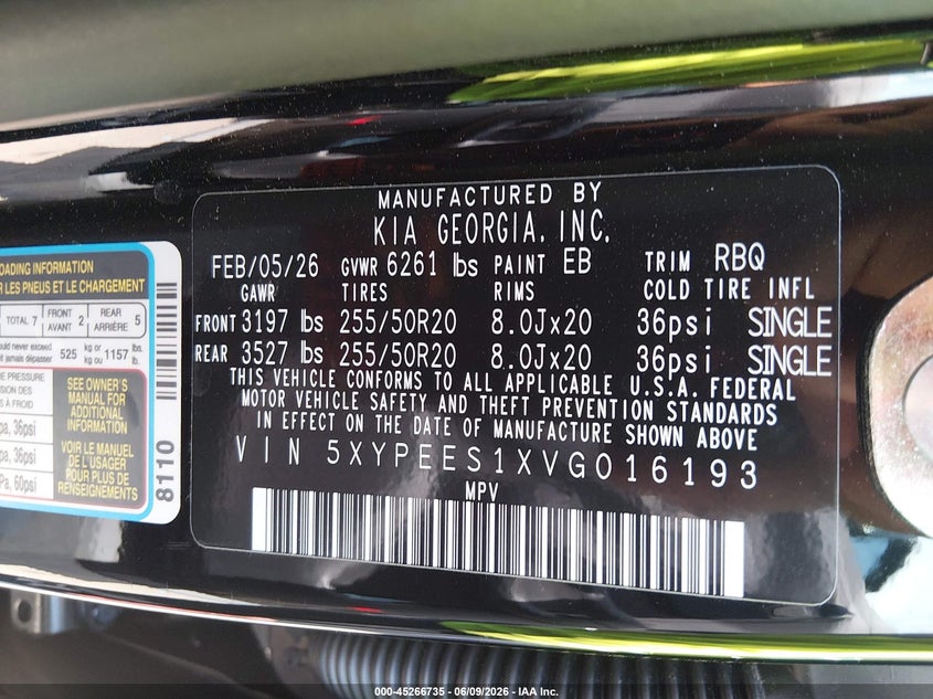 2027 Kia Telluride VIN 5XYPEES1XVG016193 IAAI salvage auction — HAIL, Salvage Title, sold $16,800 on 2026-07-21 (photo 9)