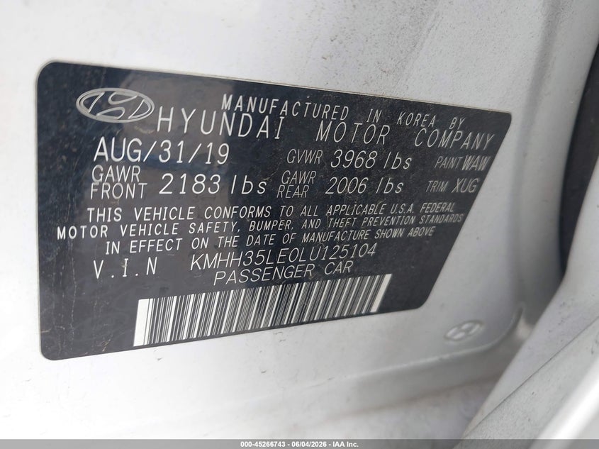 2020 Hyundai Elantra VIN KMHH35LE0LU125104 IAAI salvage auction — FRONT & REAR, Salvage Title, sold $2,200 on 2026-07-22 (photo 9)