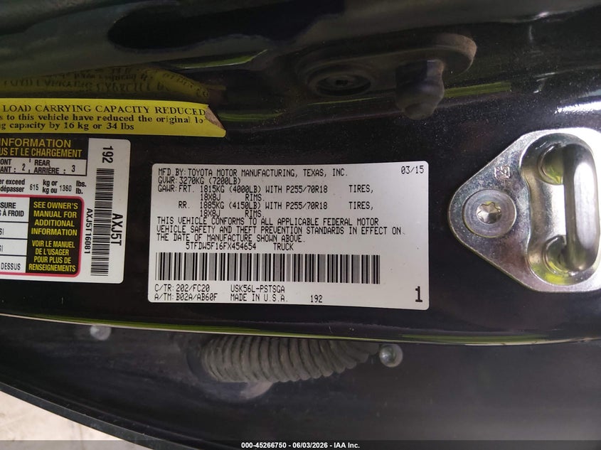 2015 Toyota Tundra VIN 5TFDW5F16FX454654 IAAI salvage auction — FRONT END, Salvage Title, sold $3,700 on 2026-07-09 (photo 9)
