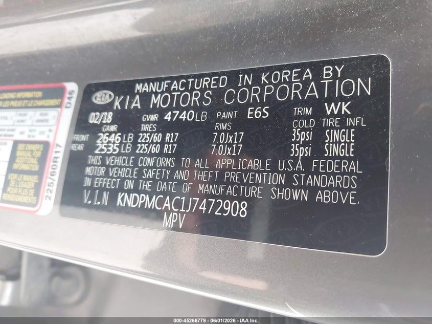 2018 Kia Sportage VIN KNDPMCAC1J7472908 IAAI salvage auction — REAR END, Salvage Title, sold $2,750 on 2026-07-07 (photo 9)