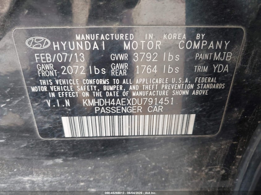 2013 Hyundai Elantra VIN KMHDH4AEXDU791451 IAAI salvage auction — NORMAL WEAR, Clear (Montana), sold $350 on 2026-07-08 (photo 9)