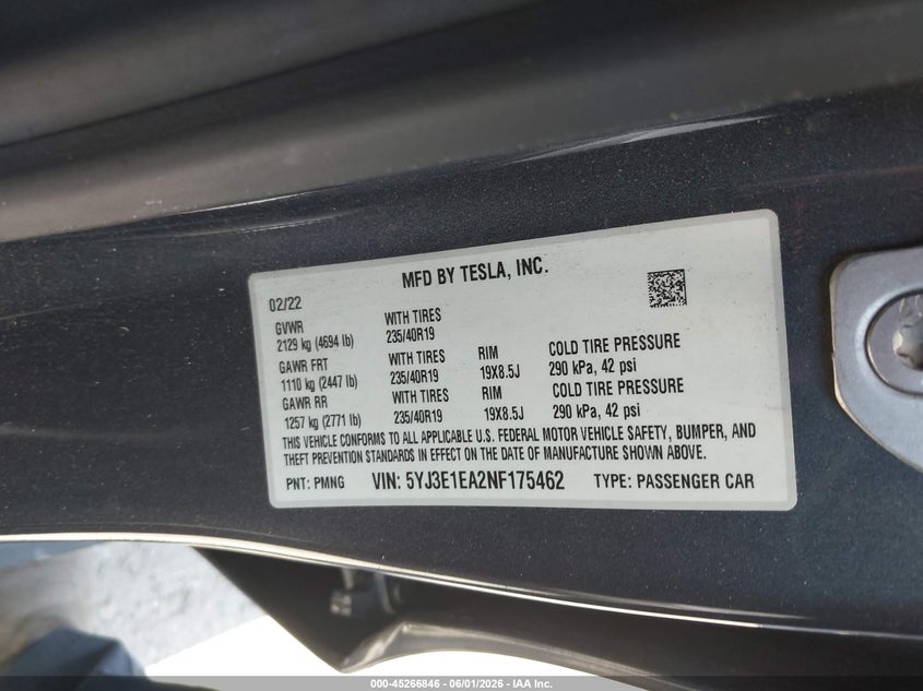 2022 Tesla Model 3 VIN 5YJ3E1EA2NF175462 IAAI salvage auction — REAR END, Wait Title, sold $6,700 on 2026-07-31 (photo 9)