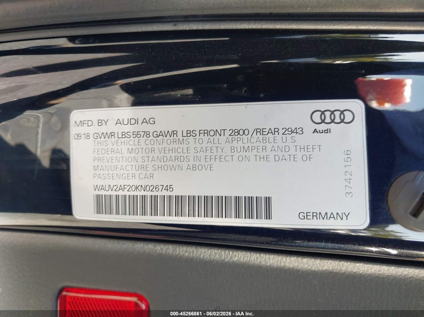 2019 Audi A7 VIN WAUV2AF20KN026745 IAAI salvage auction — FRONT END, Salvage Title, sold $9,975 on 2026-07-09 (photo 9)