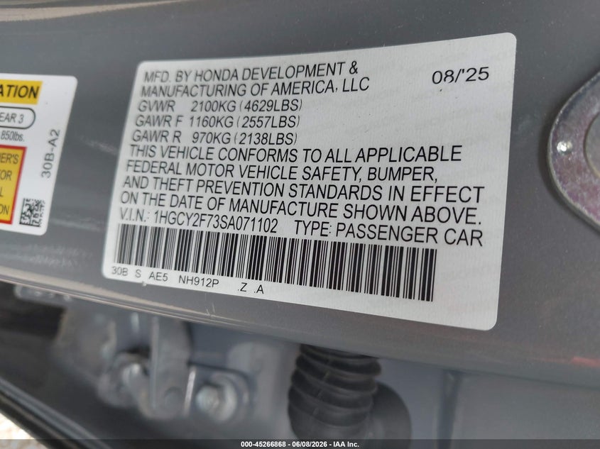 2025 Honda Accord VIN 1HGCY2F73SA071102 IAAI salvage auction — SIDE, Salvage Title, sold $7,100 on 2026-07-31 (photo 9)
