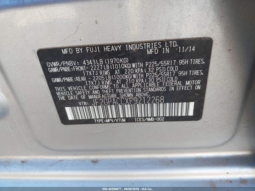 2015 Subaru Xv VIN JF2GPACCXF9212268 IAAI salvage auction — NORMAL WEAR, Clear-Dealer Only (Arizona), sold $1,775 on 2026-07-07 (photo 9)