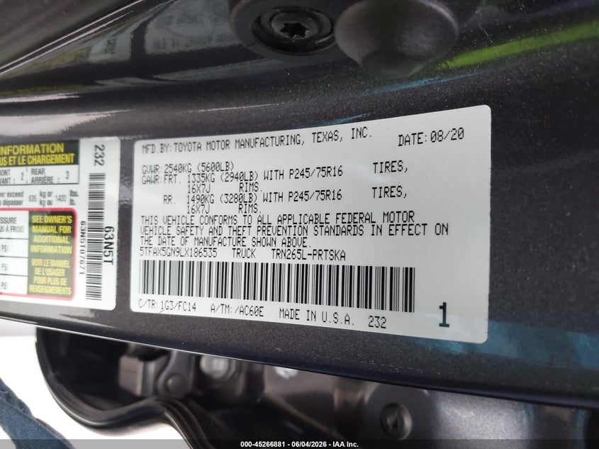 2020 Toyota Tacoma VIN 5TFAX5GN9LX186535 IAAI salvage auction — REAR END, Salvage Title, sold $8,400 on 2026-07-18 (photo 9)