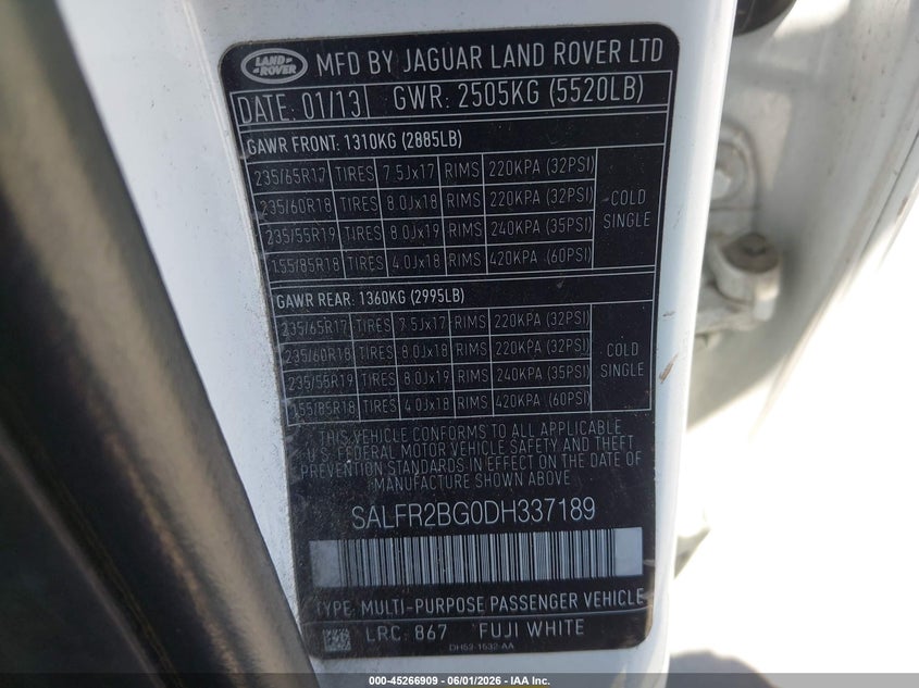 2013 Land rover Lr2 VIN SALFR2BG0DH337189 IAAI salvage auction — REAR END, Clear - Dealer Only (California), sold $450 on 2026-07-27 (photo 9)