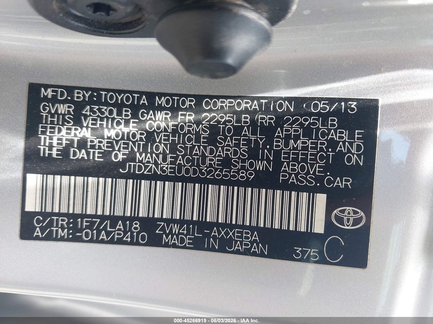 2013 Toyota Prius v VIN JTDZN3EU0D3265589 IAAI salvage auction — RIGHT FRONT, Wait Title, sold $2,250 on 2026-08-16 (photo 9)