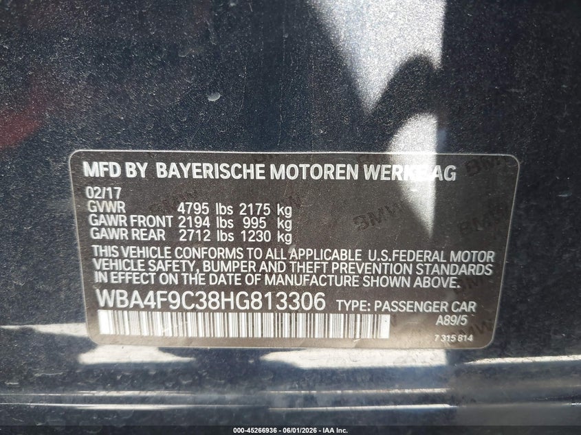 2017 BMW VIN WBA4F9C38HG813306 IAAI salvage auction — RIGHT FRONT, Salvage Title, sold $1,375 on 2026-07-13 (photo 9)