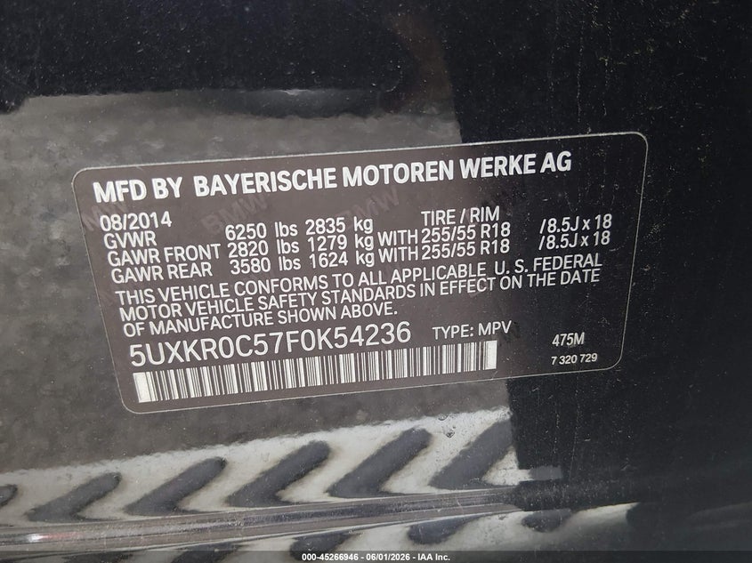 2015 BMW X5 VIN 5UXKR0C57F0K54236 IAAI salvage auction — NORMAL WEAR, Salvage Title, sold $4,200 on 2026-07-15 (photo 9)