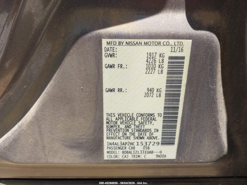2017 Nissan Altima VIN 1N4AL3AP2HC153729 IAAI salvage auction — FRONT END, Salvage (Georgia), sold $1,200 on 2026-08-01 (photo 9)