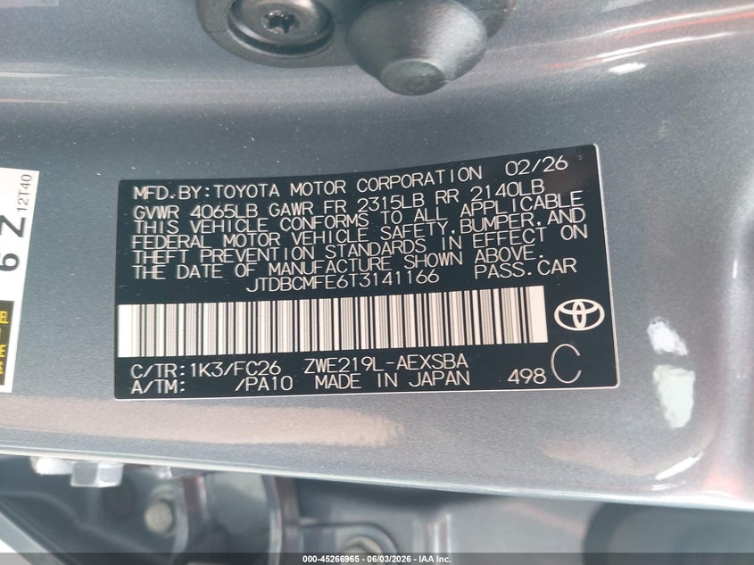 2026 Toyota Corolla VIN JTDBCMFE6T3141166 IAAI salvage auction — SIDE, Salvage (California), sold $11,700 on 2026-07-09 (photo 9)