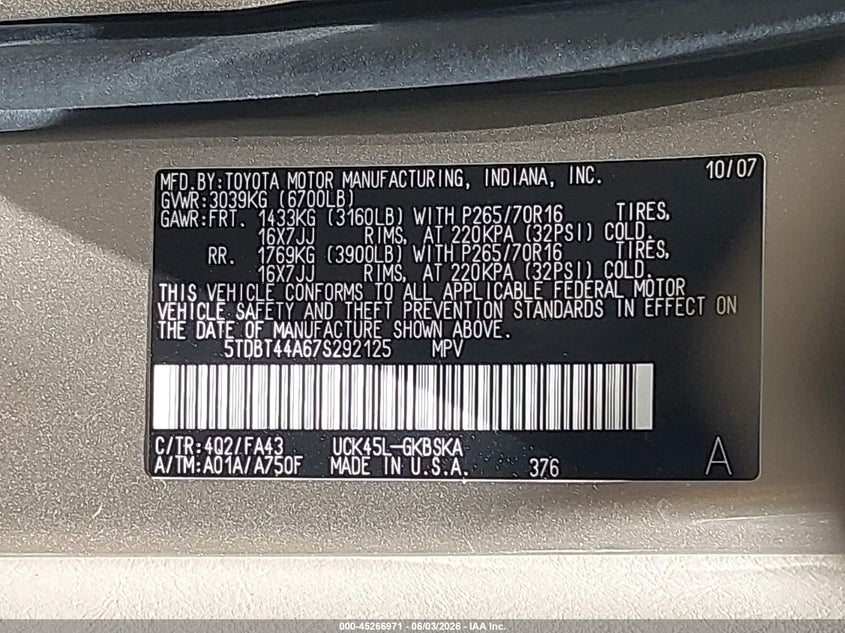 2007 Toyota Sequoia VIN 5TDBT44A67S292125 IAAI salvage auction — LEFT SIDE, Clear (Virginia), sold $1,750 on 2026-07-09 (photo 9)