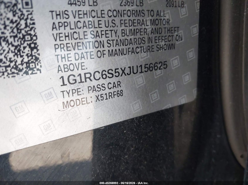 2018 Chevrolet Volt VIN 1G1RC6S5XJU156625 IAAI salvage auction — REAR END, Salvage Title, sold $2,975 on 2026-07-31 (photo 9)