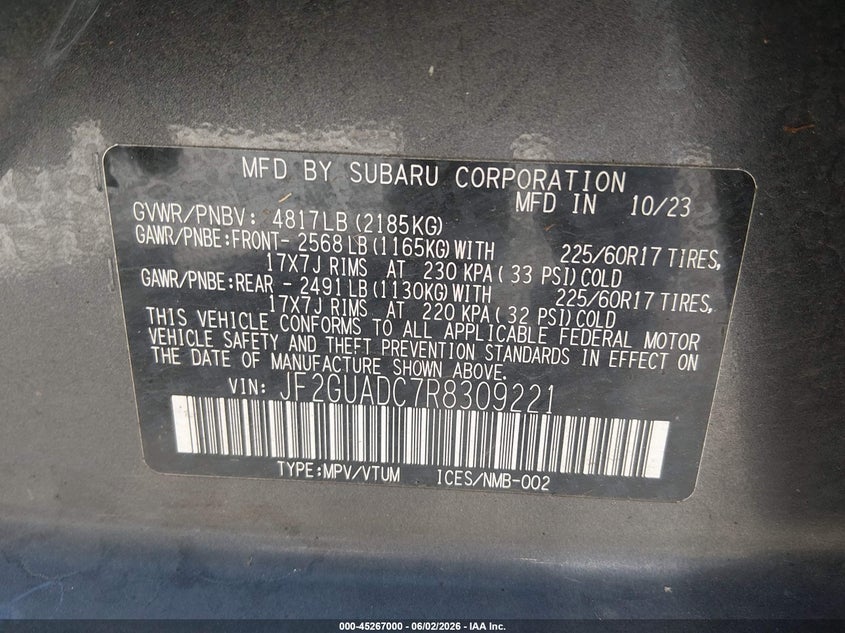 2024 Subaru Xv VIN JF2GUADC7R8309221 IAAI salvage auction — LEFT FRONT, Salvage Title, sold $7,100 on 2026-08-27 (photo 9)