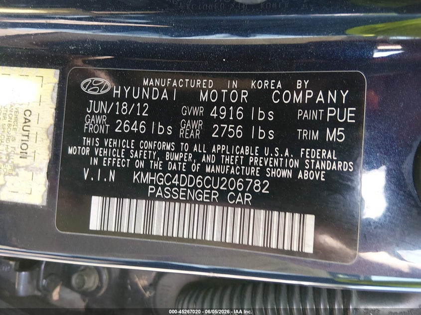 2012 Hyundai Genesis VIN KMHGC4DD6CU206782 IAAI salvage auction — FRONT END, Salvage (West Virginia), sold $425 on 2026-07-19 (photo 9)