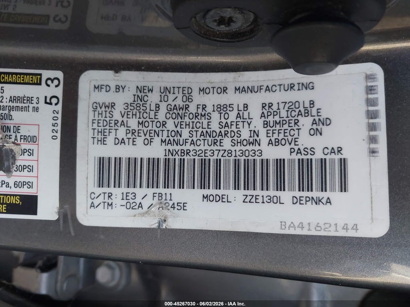 2007 Toyota Corolla VIN 1NXBR32E37Z813033 IAAI salvage auction — FRONT END, Salvage (California), sold $1,550 on 2026-07-09 (photo 9)
