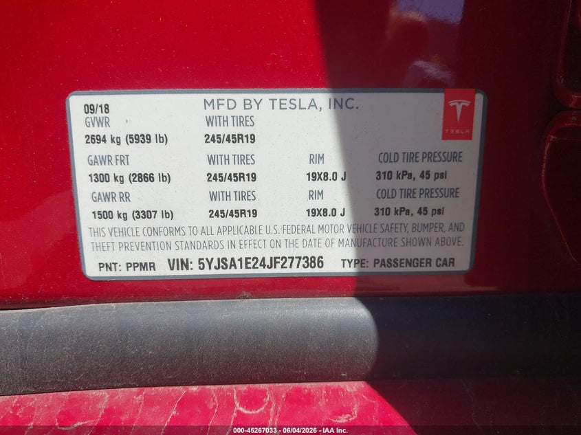 2018 Tesla Model s VIN 5YJSA1E24JF277386 IAAI salvage auction — LEFT FRONT, Salvage (California), sold $6,550 on 2026-07-15 (photo 9)