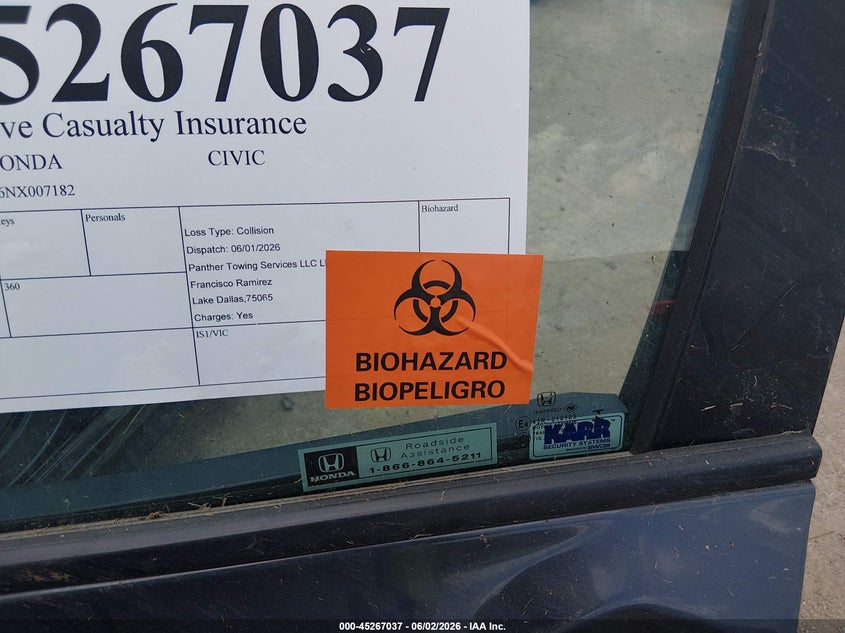 2022 Honda Civic VIN JHMFE1F76NX007182 IAAI salvage auction — BIO HAZARD, Salvage Title, sold $1,025 on 2026-07-14 (photo 7)