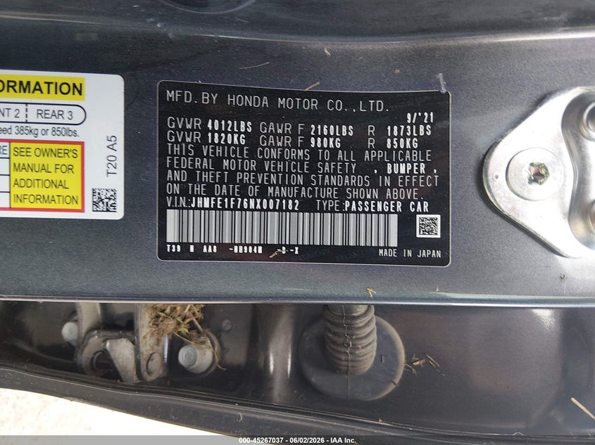 2022 Honda Civic VIN JHMFE1F76NX007182 IAAI salvage auction — BIO HAZARD, Salvage Title, sold $1,025 on 2026-07-14 (photo 9)