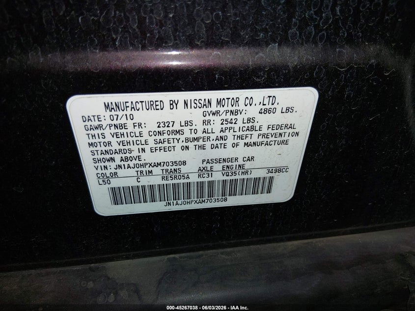 2010 Infiniti Ex VIN JN1AJ0HPXAM703508 IAAI salvage auction — FRONT END, Salvage (Arizona), sold $875 on 2026-07-14 (photo 9)