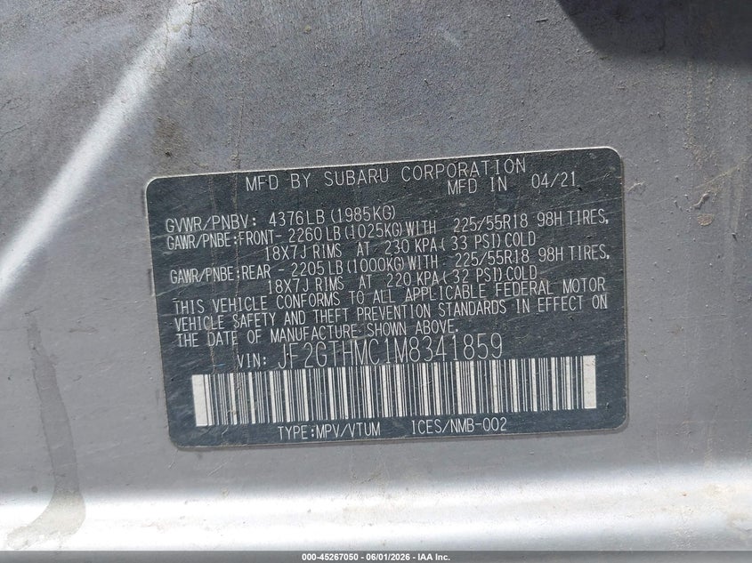 2021 Subaru Xv VIN JF2GTHMC1M8341859 IAAI salvage auction — NORMAL WEAR, Clear - Dealer Only (California), sold $3,275 on 2026-07-14 (photo 9)