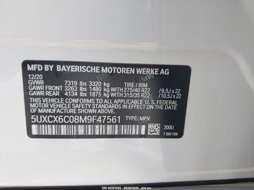 2021 BMW X7 VIN 5UXCX6C08M9F47561 IAAI salvage auction — REAR END, Salvage Title, sold $28,250 on 2026-07-22 (photo 9)