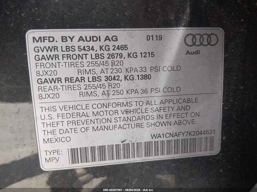 2019 Audi Q5 VIN WA1CNAFY7K2044631 IAAI salvage auction — FRONT END, Salvage Title, sold $5,500 on 2026-07-08 (photo 9)