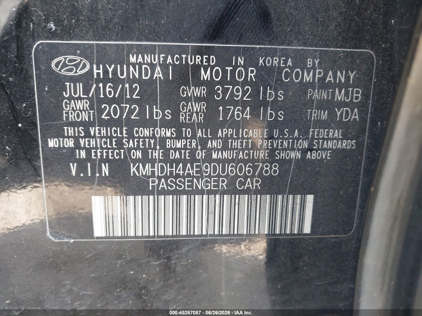 2013 Hyundai Elantra VIN KMHDH4AE9DU606788 IAAI salvage auction — NORMAL WEAR, Original (Texas), sold $1,250 on 2026-07-07 (photo 9)