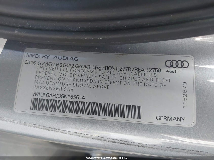 2016 Audi A6 VIN WAUFGAFC3GN165614 IAAI salvage auction — RIGHT FRONT, Salvage (Colorado), sold $25 on 2026-08-07 (photo 9)