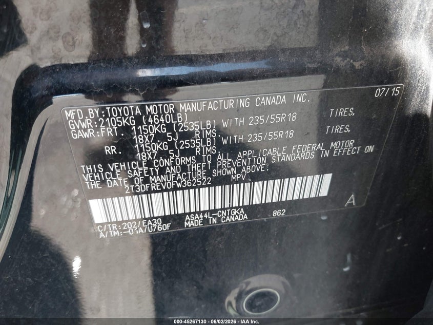 2015 Toyota Rav 4 VIN 2T3DFREV0FW362522 IAAI salvage auction — LEFT SIDE, Salvage (Oregon), sold $6,300 on 2026-07-09 (photo 9)