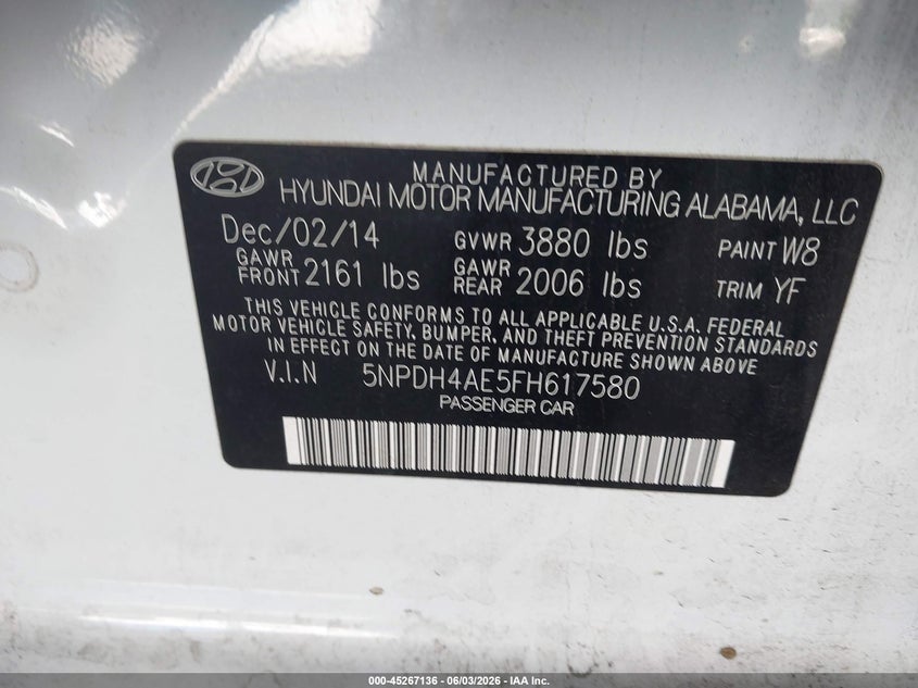 2015 Hyundai Elantra VIN 5NPDH4AE5FH617580 IAAI salvage auction — FRONT END, Salvage Title, sold $2,350 on 2026-07-09 (photo 9)