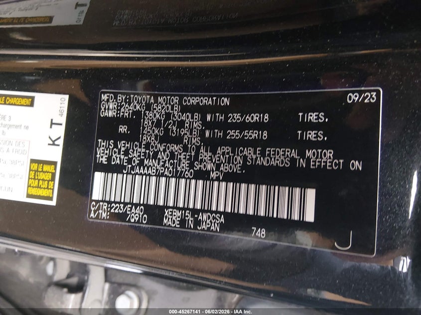 2023 Lexus Rz VIN JTJAAAAB7PA017760 IAAI salvage auction — RIGHT FRONT, Salvage Title, sold $14,500 on 2026-07-16 (photo 9)