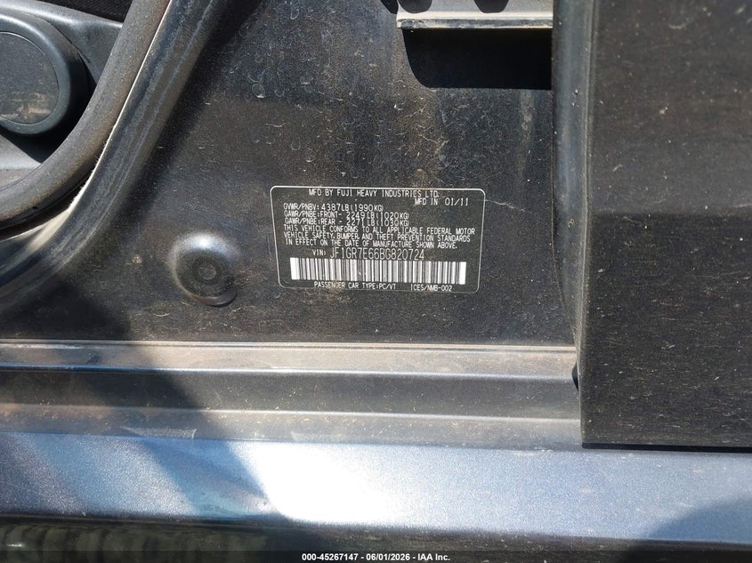 2011 Subaru Impreza VIN JF1GR7E66BG820724 IAAI salvage auction — FRONT END, Salvage (Hawaii), sold $675 on 2026-07-21 (photo 9)