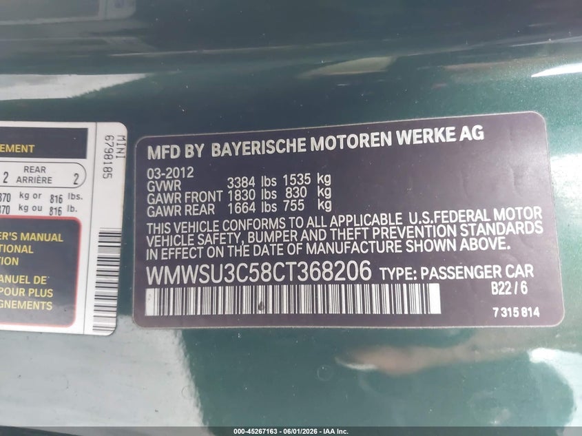 2012 Mini Cooper VIN WMWSU3C58CT368206 IAAI salvage auction — NORMAL WEAR, Clear (Florida), sold $475 on 2026-07-07 (photo 9)