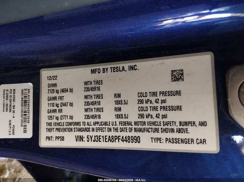 2023 Tesla Model 3 VIN 5YJ3E1EA8PF448990 IAAI salvage auction — LEFT FRONT, Salvage Title, sold $7,550 on 2026-07-09 (photo 9)
