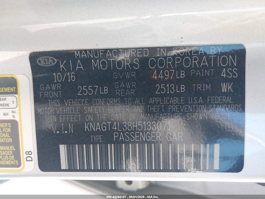 2017 Kia Optima VIN KNAGT4L38H5133071 IAAI salvage auction — REAR END, Salvage Title, sold $1,150 on 2026-07-08 (photo 9)