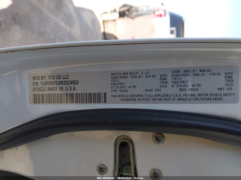 2021 Ram 1500 VIN 1C6RR6FG4MS524953 IAAI salvage auction — RIGHT SIDE, Salvage Title, sold $2,000 on 2026-07-29 (photo 9)