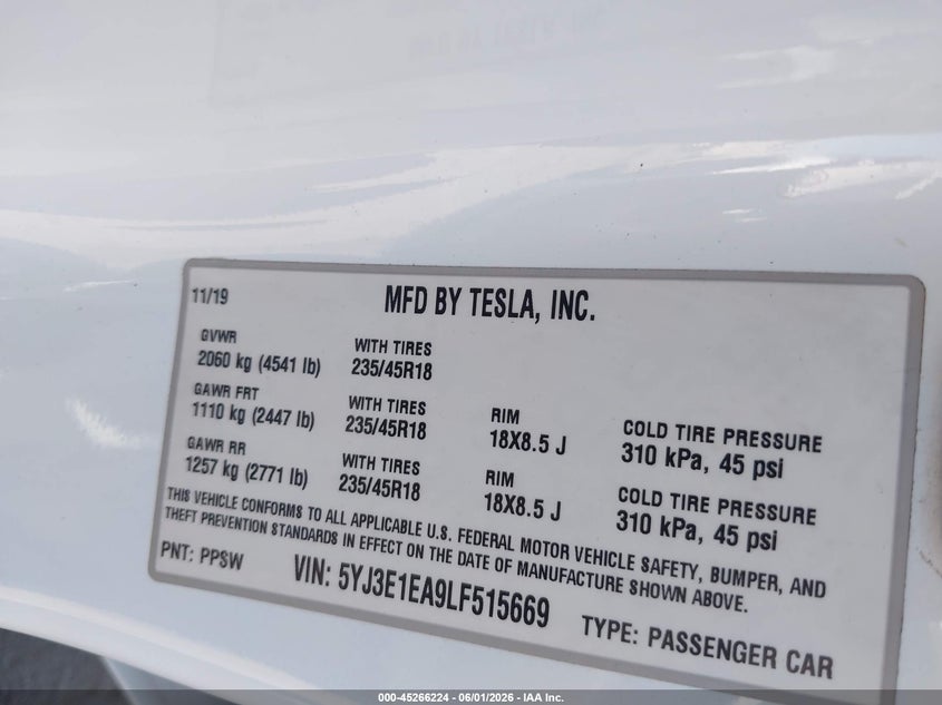 2020 Tesla Model 3 VIN 5YJ3E1EA9LF515669 IAAI salvage auction — REAR END, Salvage Title, sold $5,900 on 2026-07-10 (photo 9)