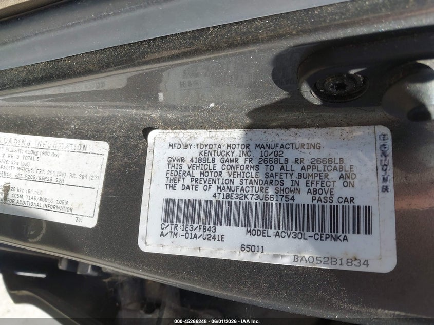 2003 Toyota Camry VIN 4T1BE32K73U661754 IAAI salvage auction — NORMAL WEAR, Clear - Dealer Only (California), sold $475 on 2026-07-09 (photo 9)