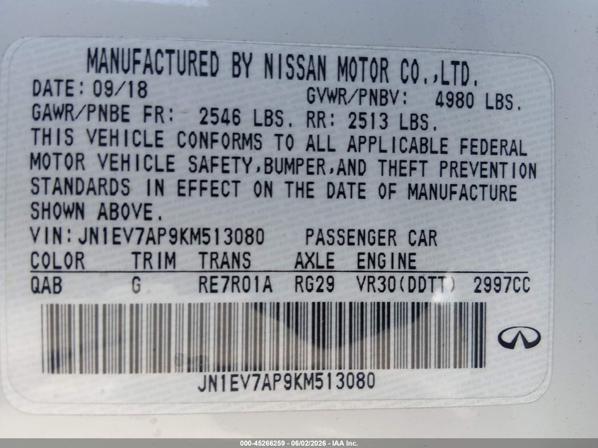2019 Infiniti Q50 VIN JN1EV7AP9KM513080 IAAI salvage auction — LEFT & RIGHT, Salvage Title, sold $4,500 on 2026-07-17 (photo 9)