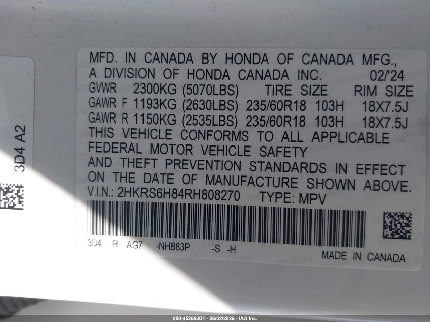 2024 Honda Cr-v VIN 2HKRS6H84RH808270 IAAI salvage auction — FRONT END, Salvage Title, sold $12,300 on 2026-07-29 (photo 9)