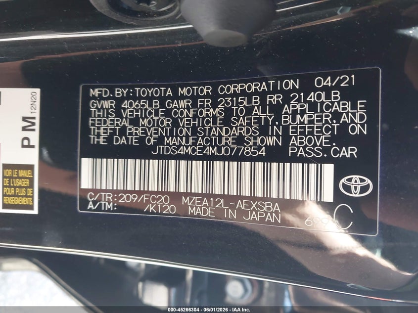 2021 Toyota Corolla VIN JTDS4MCE4MJ077854 IAAI salvage auction — REAR END, Salvage (Oregon), sold $7,750 on 2026-07-09 (photo 9)