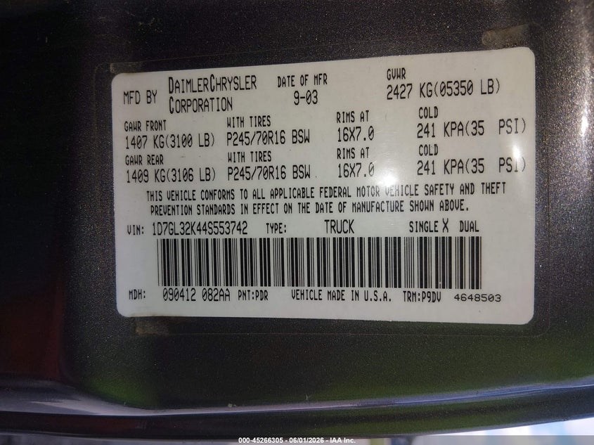 2004 Dodge Dakota VIN 1D7GL32K44S553742 IAAI salvage auction — FRONT END, Salvage (Missouri), sold $800 on 2026-07-09 (photo 9)